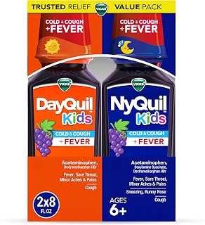 Vicks DayQuil and NyQuil Kids Grape Cold & Cough + Fever Multi-Symptom Relief Liquid Co-Pack, Specially Formulated for Kids Ages 6+, 2x8 OZ