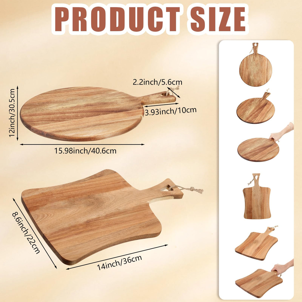 Hsei Acacia Wood Cutting Boards, 2 Pack with Handles, Round and Rectangular