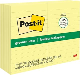 Post-it Greener Notes, 4 x 6 in, Canary Yellow, 12 Lined Pads