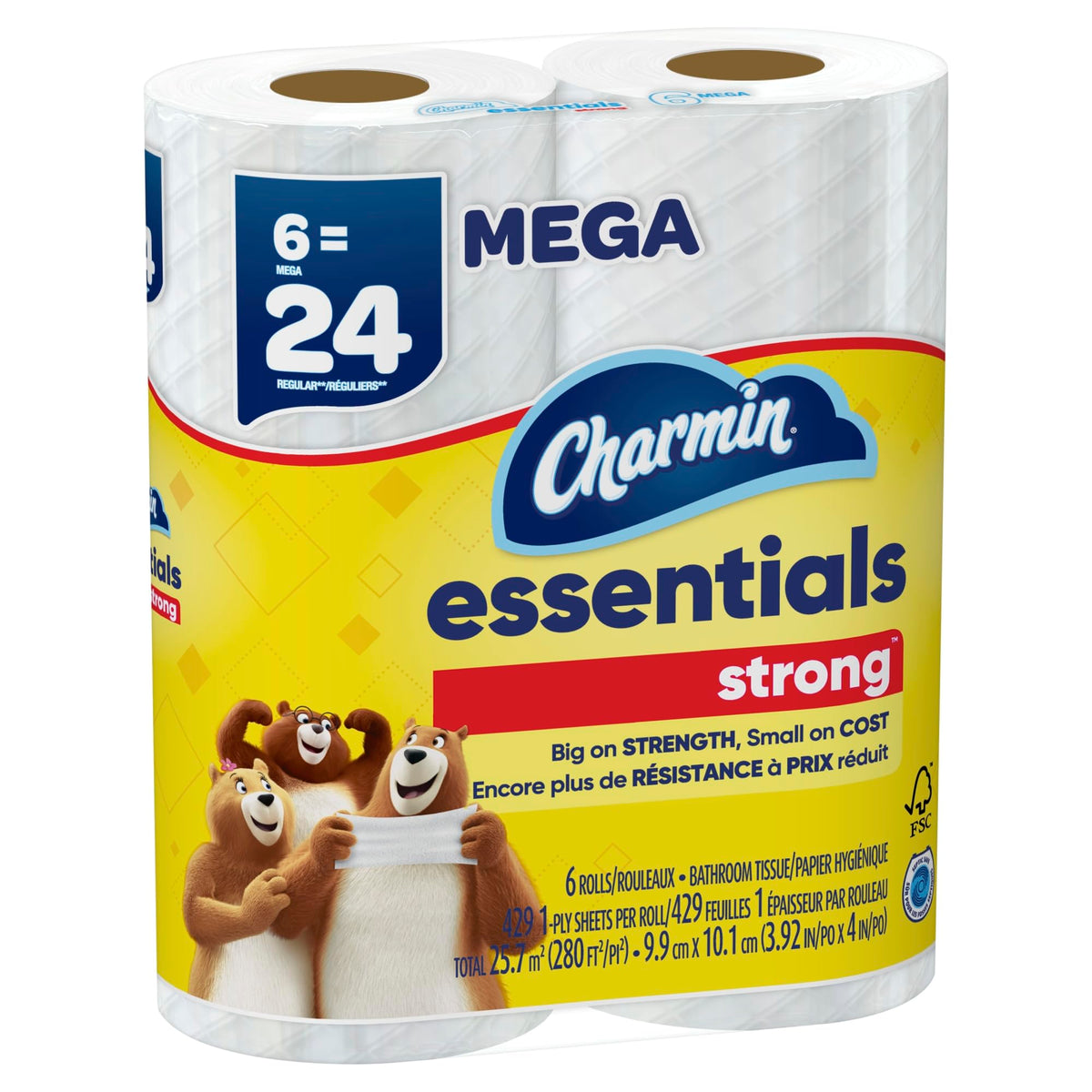 Essentials 1-Ply Mega Rolls Strong Bathroom Tissue 6 ea by Charmin – 6 Count (Pack of 1), Paper, White, Pack of 6, Model 3077204515
