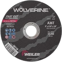 Weiler 56118 5 Inch Cutting Wheel, Wolverine AO Steel/Metal Fast Cutting, 1/16" A36T Type 1 7/8" Arbor