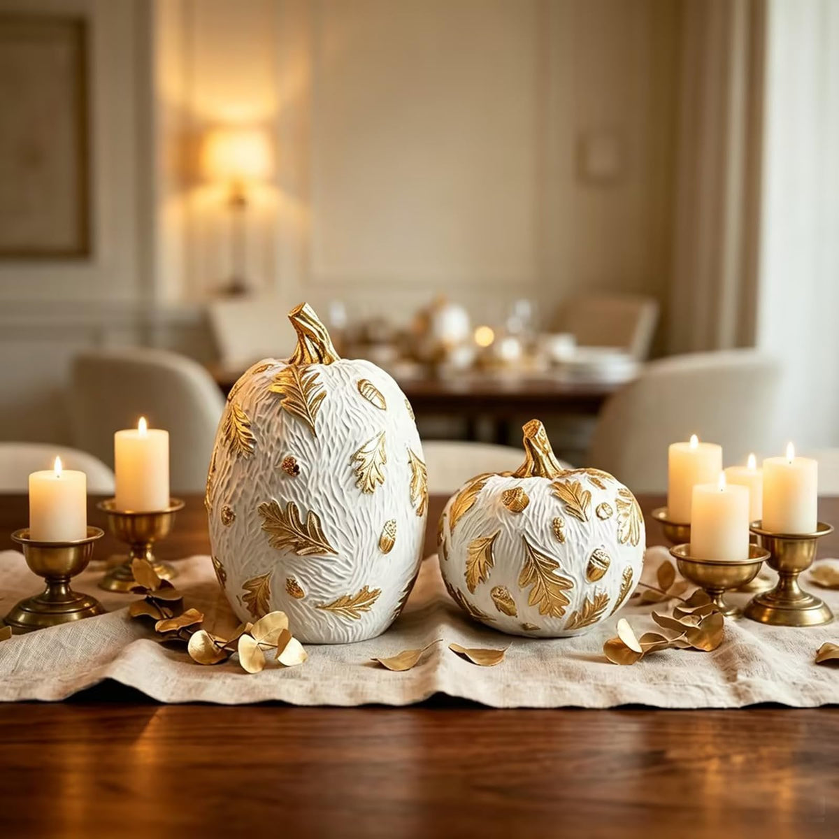 DN Deconation Resin Pumpkin Set, White with Gold Accents, Set of 2