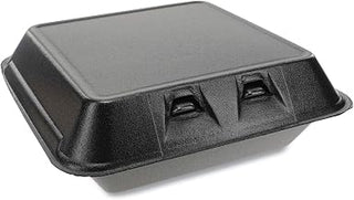 PACTIV Polystyrene Foam Large Black Economy 1-Compartment Hinged-Lid Takeout Container, 8 Ounce Capacity - 150 per case.