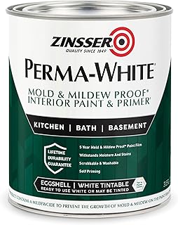 Zinsser 02774 PERMA-WHITE Mold & Mildew Proof Interior Paint, Quart, Eggshell White | Eggshell finish. Mold & mildew-proof, moisture-resistant finish for baths, kitchens & basements. Scrubbable & washable.