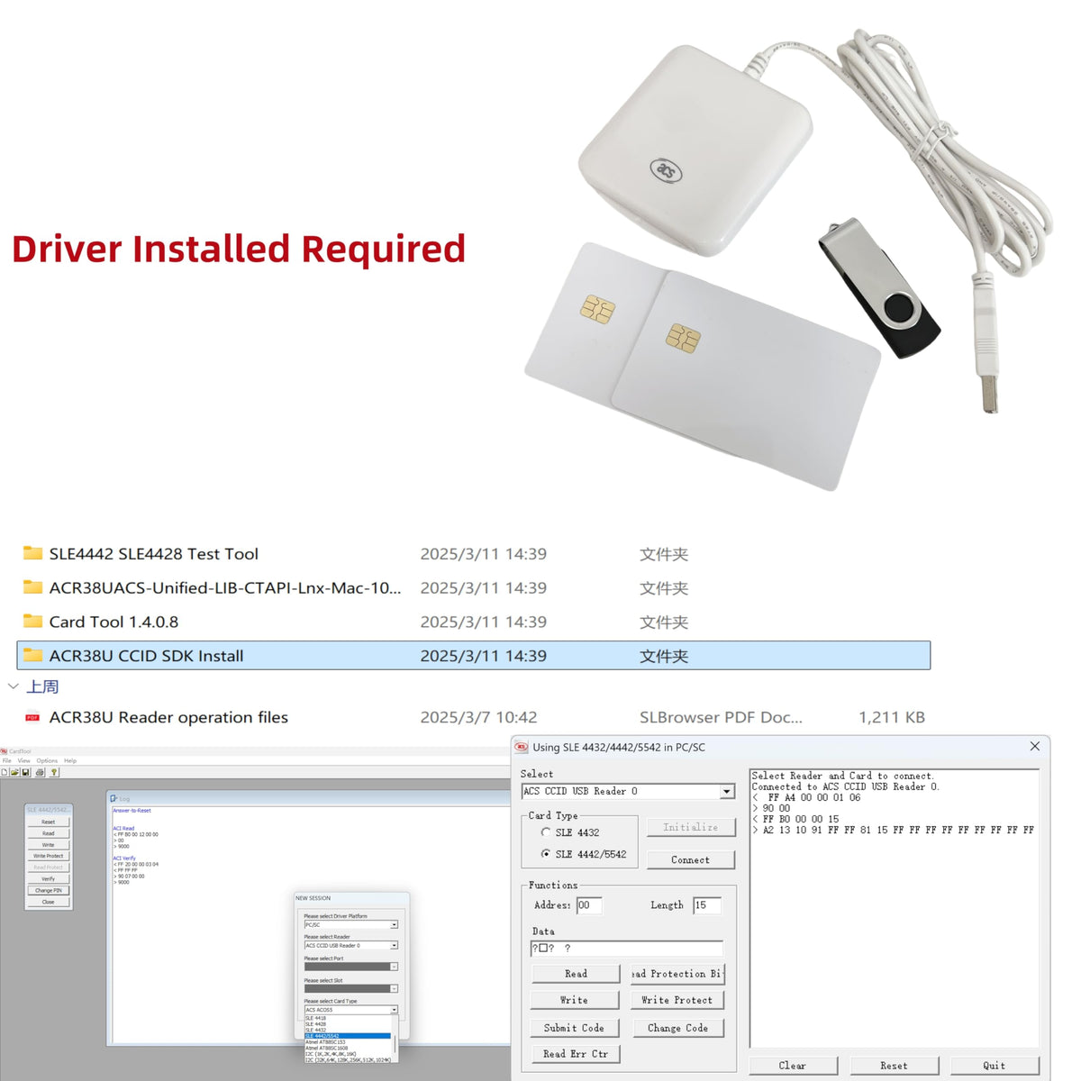 USB ACR38_I1 CAC PC/SC Contact Smart Chip IC Card Reader Writer Support ISO7816 A B C Memory Cards with 2PCS SLE4442 Chip Card by xcrfid – white