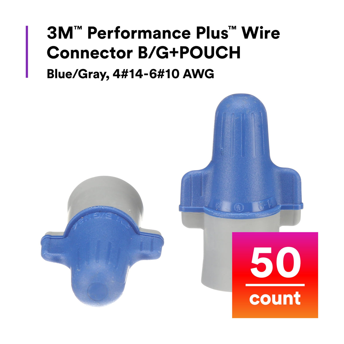 Performance Plus Wire Connector by 3M – 50 units, Plastic, Blue/grey, Pack of 50, Model B/G+POUCH