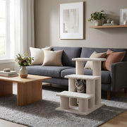 Faux Fleece Cat Step Stairs with Pressed Wood Platforms by Bison Pets – Engineered Wood, Beige