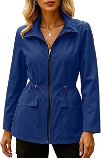 Women Rain Jacket Hooded Windproof Drawstring Slim Fit Hiking Jackets | Lang Sleeve Solid Color Daily Wear for Atheletic Outdoor Windbreaker Travel Raincoat