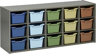 ECR4Kids 15 Cubby Tray Cabinet with Bins, 3x5, Grey Wash, Earthtone