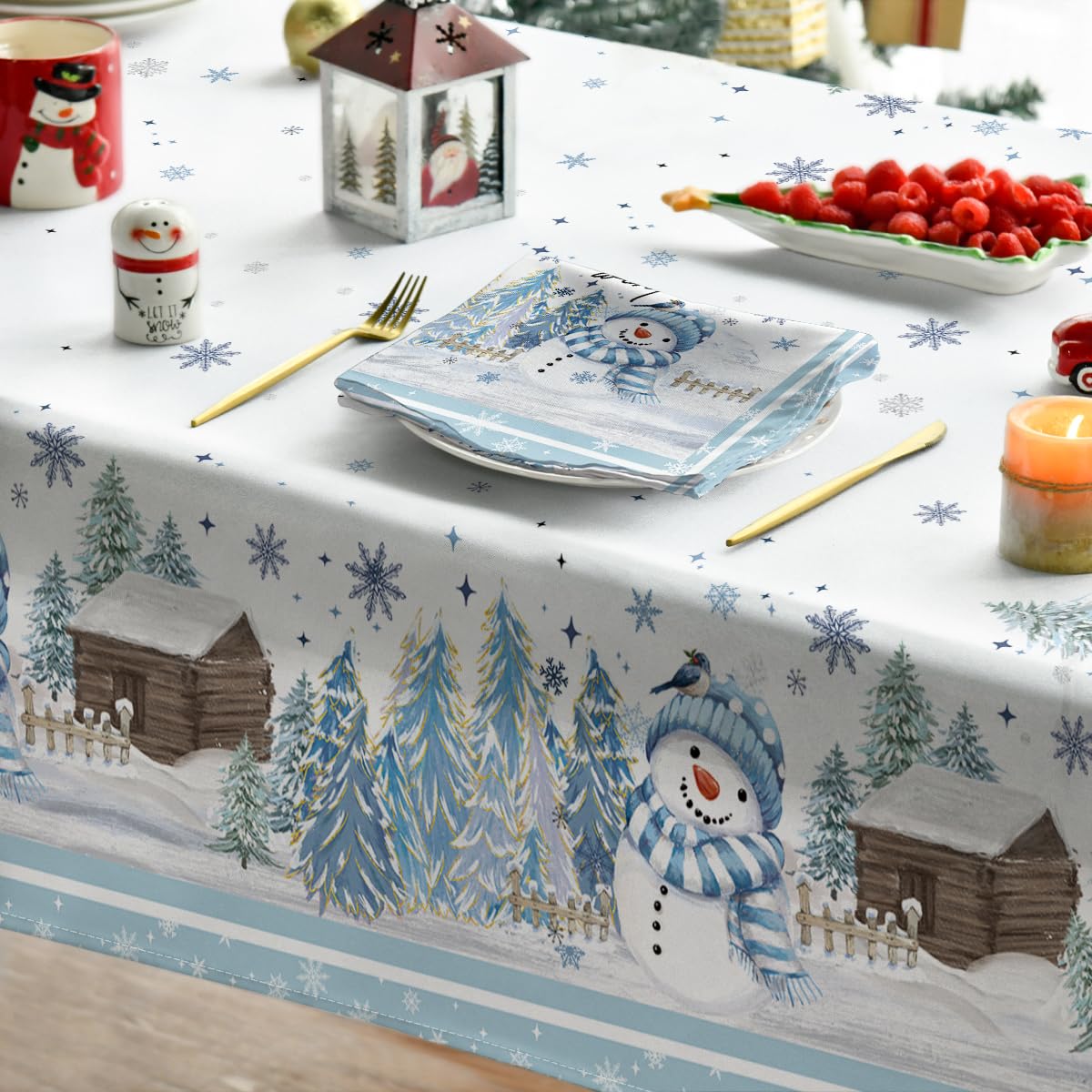 Horaldaily Snowman Tablecloth, 60 x 84 Inch Rectangle, Blue Pine