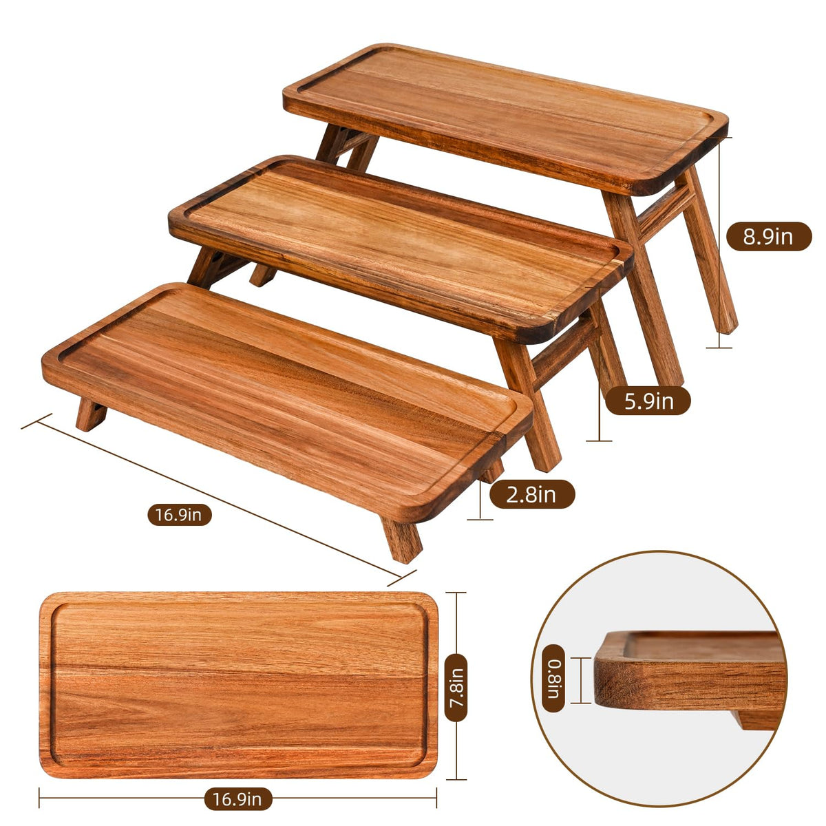 GEHE Tiered Serving Stand, Acacia Wood, 3 Tier Foldable