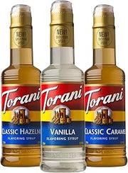 Torani Coffee Syrup, Vanilla, Caramel, and Classic Hazelnut Variety 3-Pack, Flavoring for Drinks, New Easy-Pour Spouts Included, Half-Size Bottles, 12.7 Fl Oz Ea