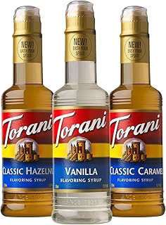 Torani Coffee Syrup, Vanilla, Caramel, and Classic Hazelnut Variety 3-Pack, Flavoring for Drinks, New Easy-Pour Spouts Included, Half-Size Bottles, 12.7 Fl Oz Ea