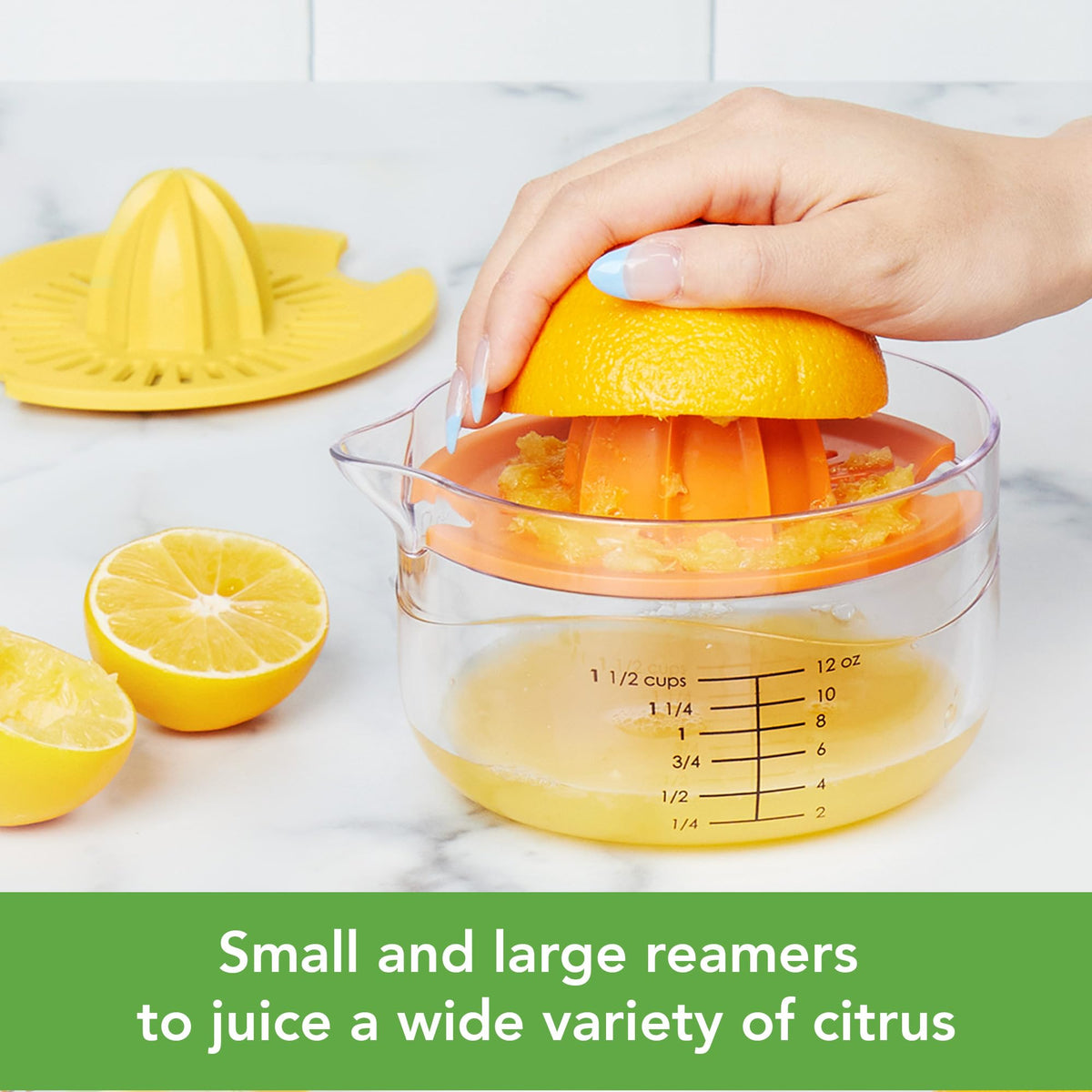 Juicer Citrus 3 in 1 by Tovolo – 5.67" Tall, 1.5 cups, Silicone Lid, Plastic Base, Yellow, Model 1001027