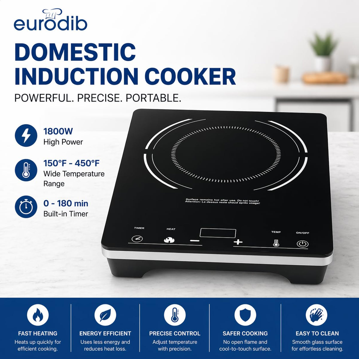 Portable Induction Cooktop by Eurodib – Large, Polypropylene, Black, Model C1823