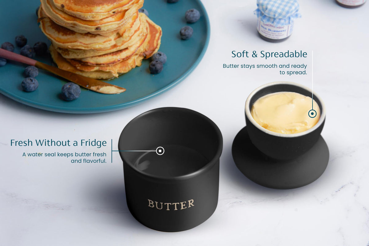 KooK Butter Keeper, Ceramic Crock with Bell Lid, Black