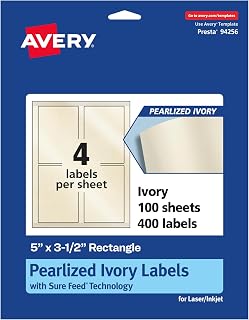 Avery Pearlized Ivory Rectangle Labels, Sure Feed® Technology, 5" x 3.5", 400 Pearlized Ivory Labels, Laser/Inkjet Printable