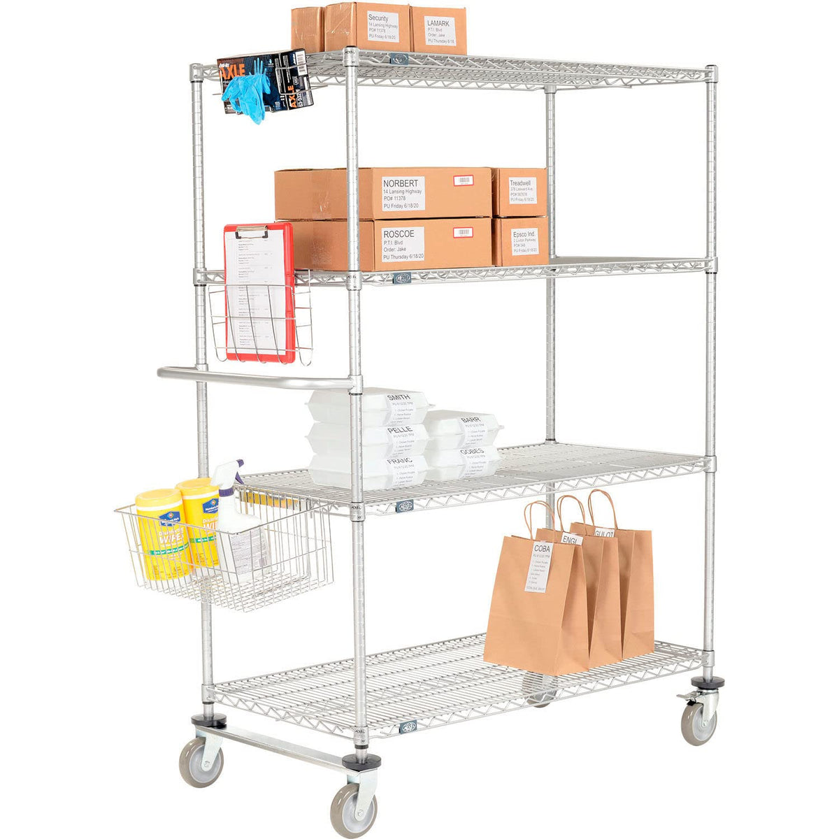 Nexelate Curbside Wire Truck w/4 Shelves & Polyurethane Casters – Steel, Silver, Model CS21724EP