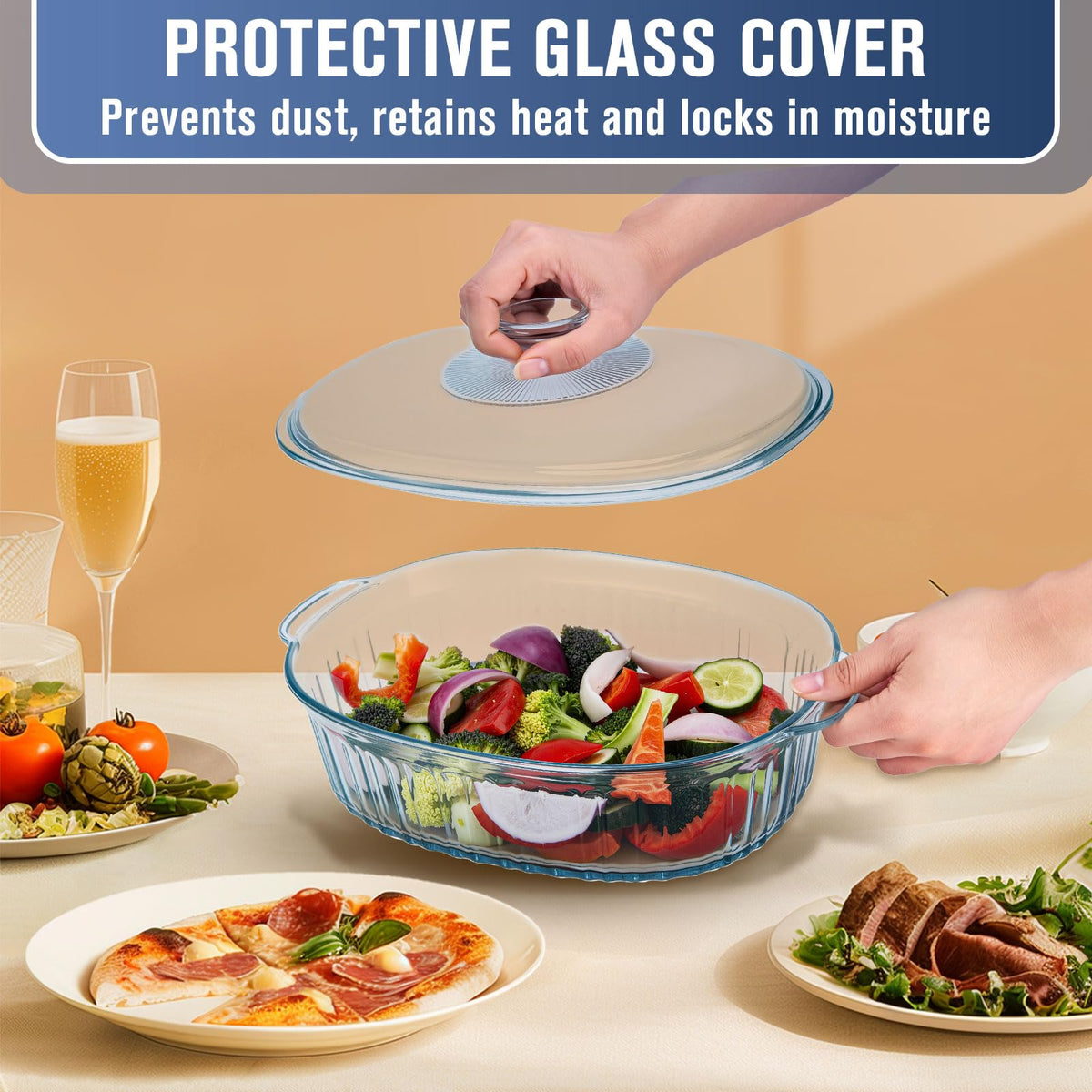 KAKO Glass Casserole Set, 1.9 and 3 Quart Oval Bakeware with Lids, Clear