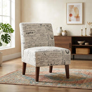 Linen Script Lily Chair in Brown by Furnifact – Eucalyptus Wood, Local Hardwoods, Fabric, Foam, Rubberwood,Plywood, Brown
