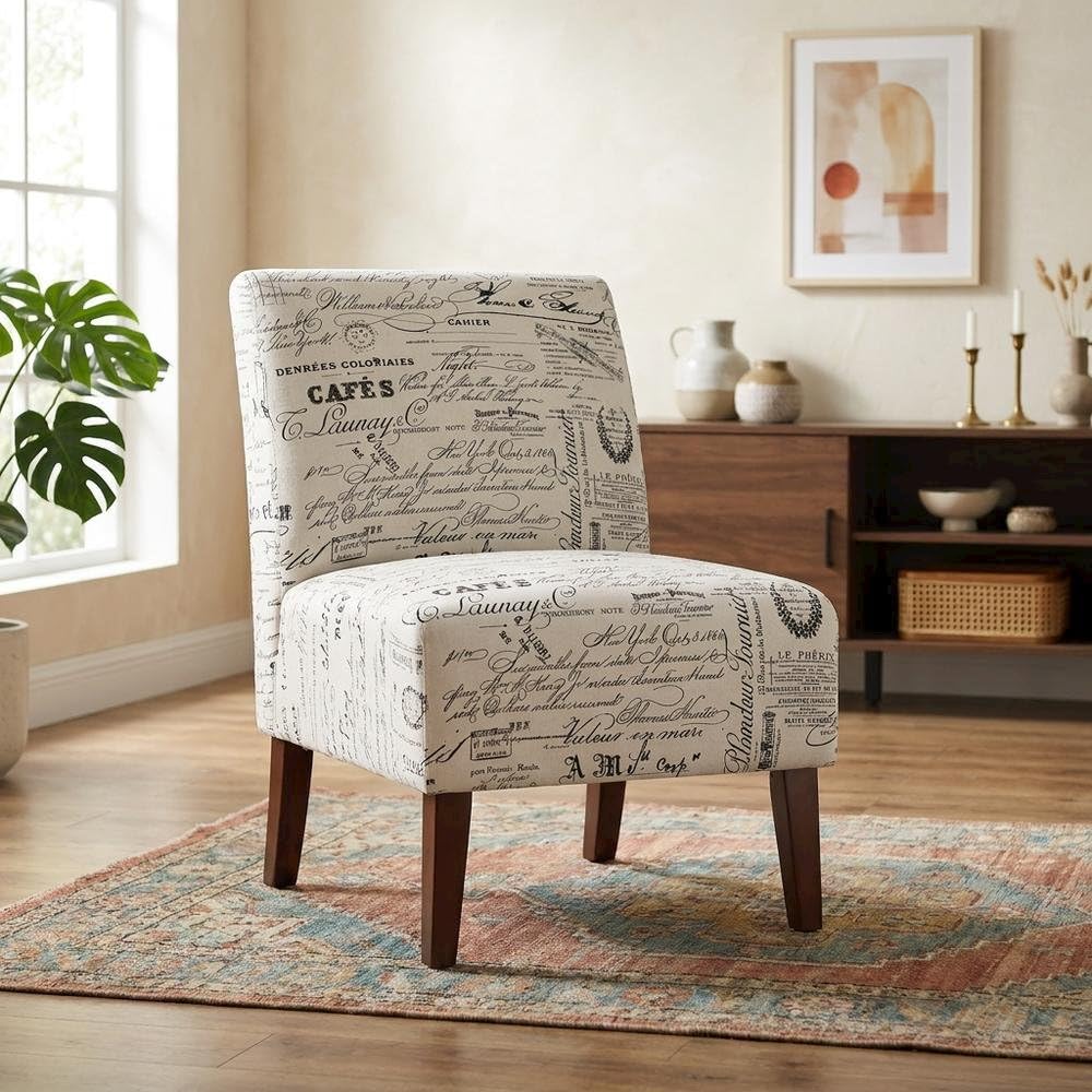 Linen Script Lily Chair in Brown by Furnifact – Eucalyptus Wood, Local Hardwoods, Fabric, Foam, Rubberwood,Plywood, Brown