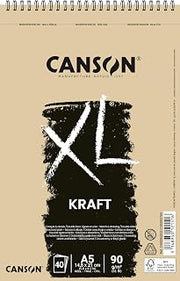 Canson XL Kraft 90gsm A5 Paper, Laid, Spiral Pad Short Side, 40 Sheets, Ideal for Professional Artists & Illustrators
