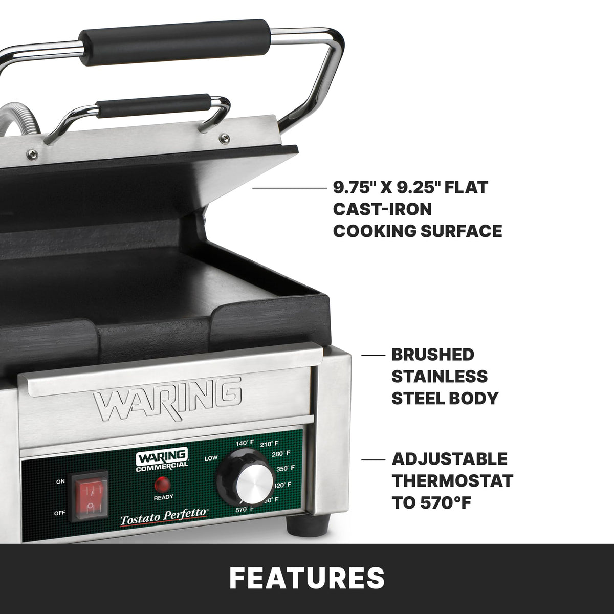 Panini Press with 9.75" x 9.25" Cooking Surface & Flat Plates by Waring – Compact Cooking Surface Machines, Stainless Steel, Silver, Model WFG150
