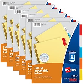 Avery Big Tab Insertable Dividers, 5-Tab, Multicolor, 6 Sets
