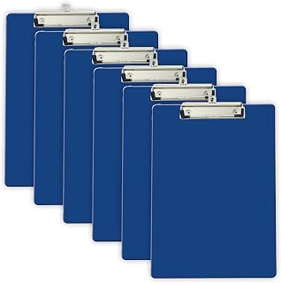 Officemate Plastic Clipboard, 9 x 12.5-Inches, Letter Size Recycled Document Holder with Low-Profile Metal Clip, Retractable Hanging Hole, Blue, Pack of 6