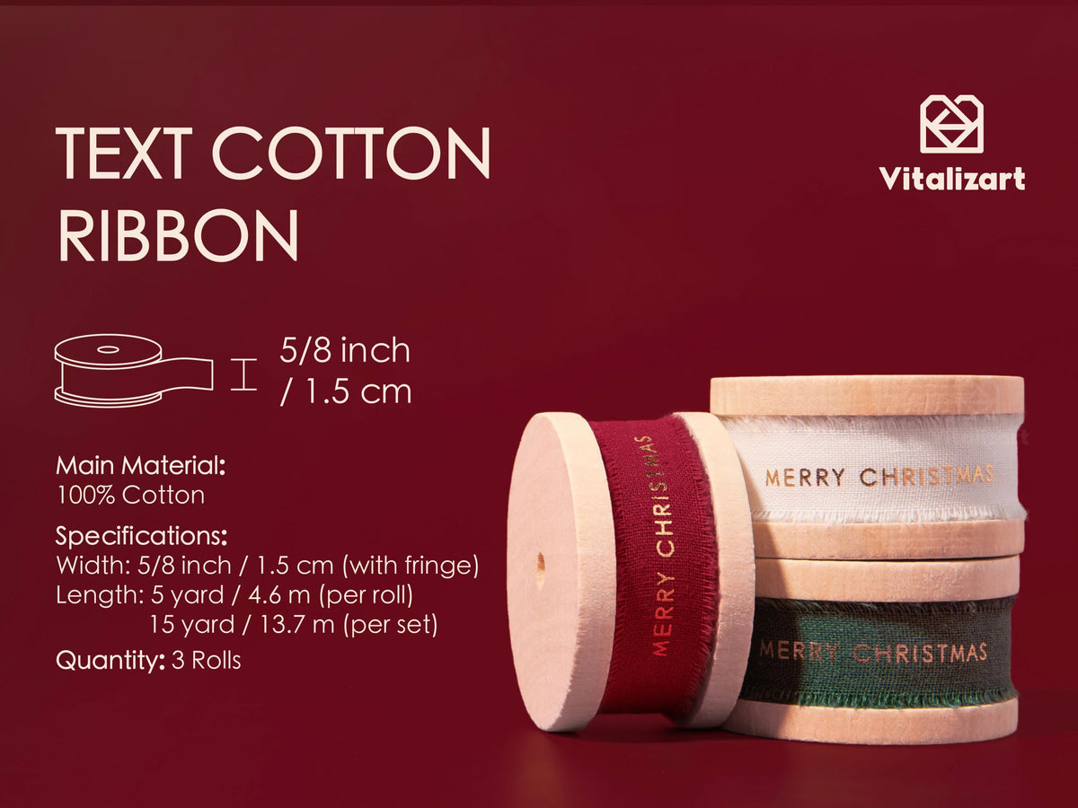 Vitalizart Christmas Ribbon, 5/8 Inch Cotton Frayed Fringe, Merry Christmas Mixed Color