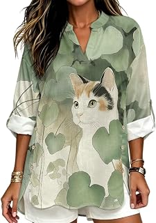 Women Linen Like Tunic Blouse V Neck Rolled 3/4 Sleeve Loose Shirt