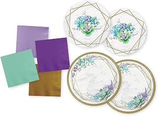 Creative Converting Succulent Party Pack, 16 Dinner and Cake Plates, 40 Napkins, Purple, Green, Gold, Bridal Shower, Birthday for Her