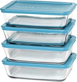 Anchor Hocking SnugFitTM Rectangular Food Storage Containers with Lids (4-Piece, 6-cup, Teal, oven-safe)