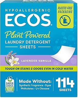 ECOS Laundry Detergent Sheets Vegan, No Plastic Jug, No Mess, Liquid Free - Hypoallergenic, Plant Powered Laundry Detergent Sheet - Lavender Vanilla - 114 Count (Pack of 1)