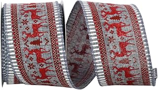 Reliant Ribbon Deer Glitter Scene Ticking Wired Edge Ribbon, 2-1/2 Inch X 10 Yards, Grey