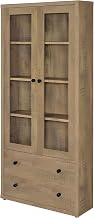 Furnifact Wood Veneer Pantry Cabinet with Glass Doors and Drawers, Tall Storage Cabinet with Doors and Shelves for Entryway, Mango