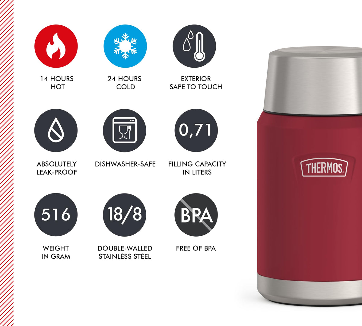 ICON Food Jar 0.71 L by THERMOS – 710 ml, 710.0 milliliters, Stainless Steel, Berry Mat, Model 4120303071