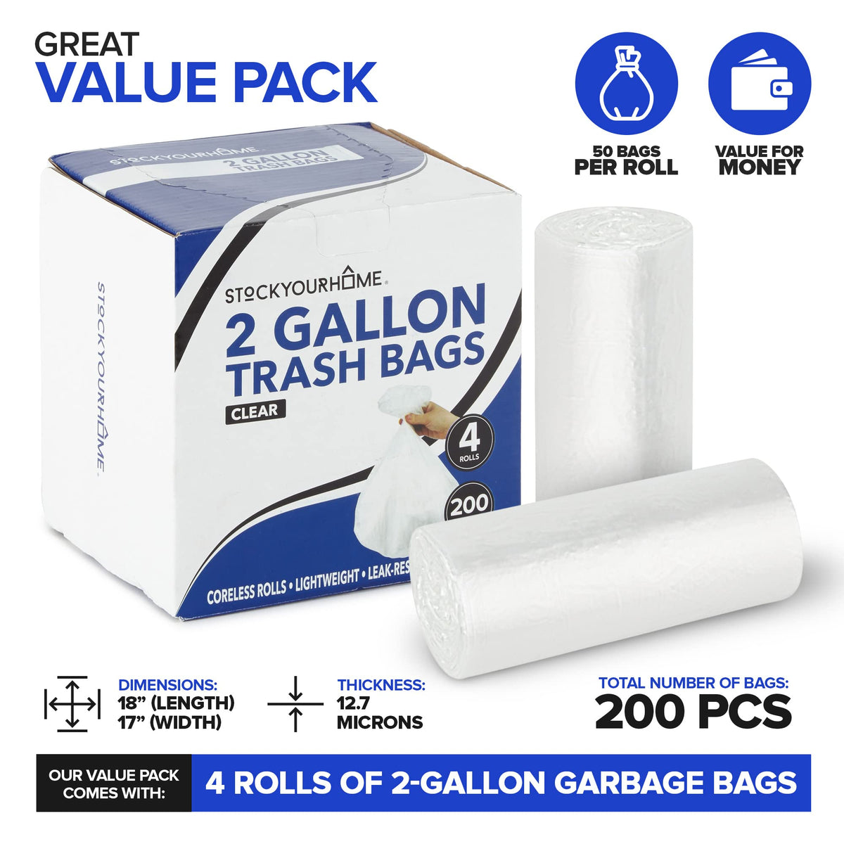 Stock Your Home 200 Pack / 2 Gallon / Clear Trash Bags