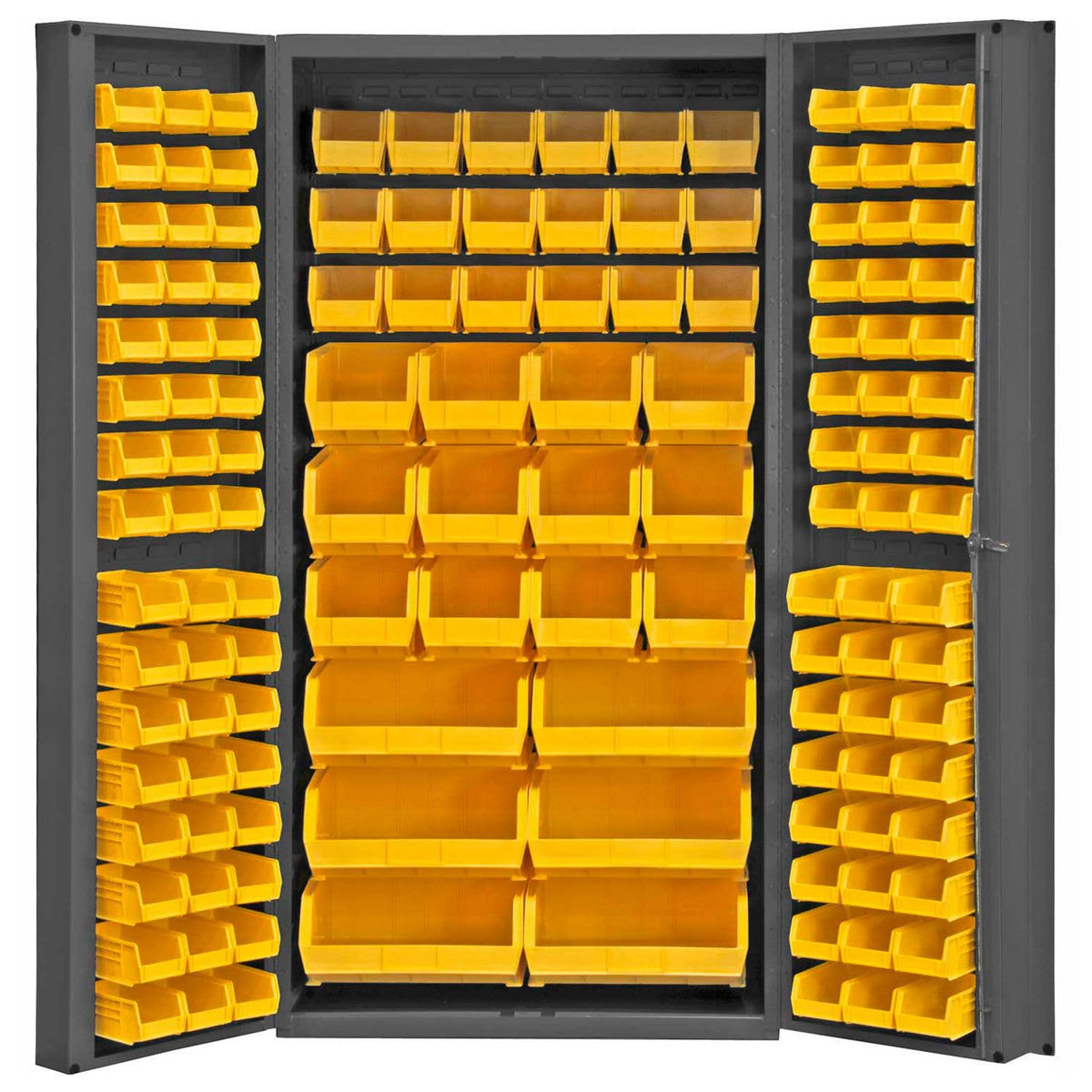 Heavy Duty Welded 14 Gauge Steel Cabinet with 132 Bins by Durham – 24" x 36" x 72", Alloy Steel, Gray,chrome, Model DC-BDLP-132-95