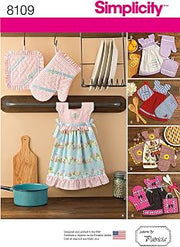 Simplicity 8109 Kitchen Accessories Sewing Pattern, Towel Dress, Pot Holder & Oven Mitt, One Size