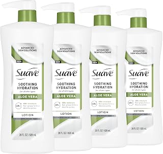 Suave Soothing Hydration Hand & Body Lotion With Aloe Vera Refreshes Dry Skin, Fast Absorbing, Intensive Moisturizing Cream For Women, Non Greasy, Allergen Free, 28 FL OZ, 4 Pack