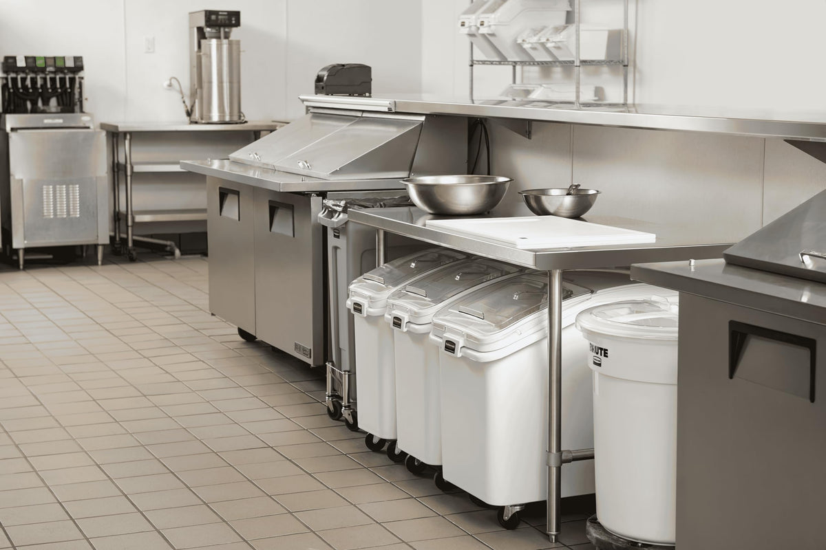 ProSave Shelf-Storage Ingredient Bin With Scoop 400-Cup Capacity Plastic White Sliding Lid Container with Wheels for Kitchen/Restaurant/Food Organization by Rubbermaid Commercial