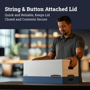 12-Pack String & Button Heavy-Duty File Box by Bankers Box – Letter, 12.0 liters, Double End; Single Side; Double Bottom, WHITE/BLUE, Pack of 12