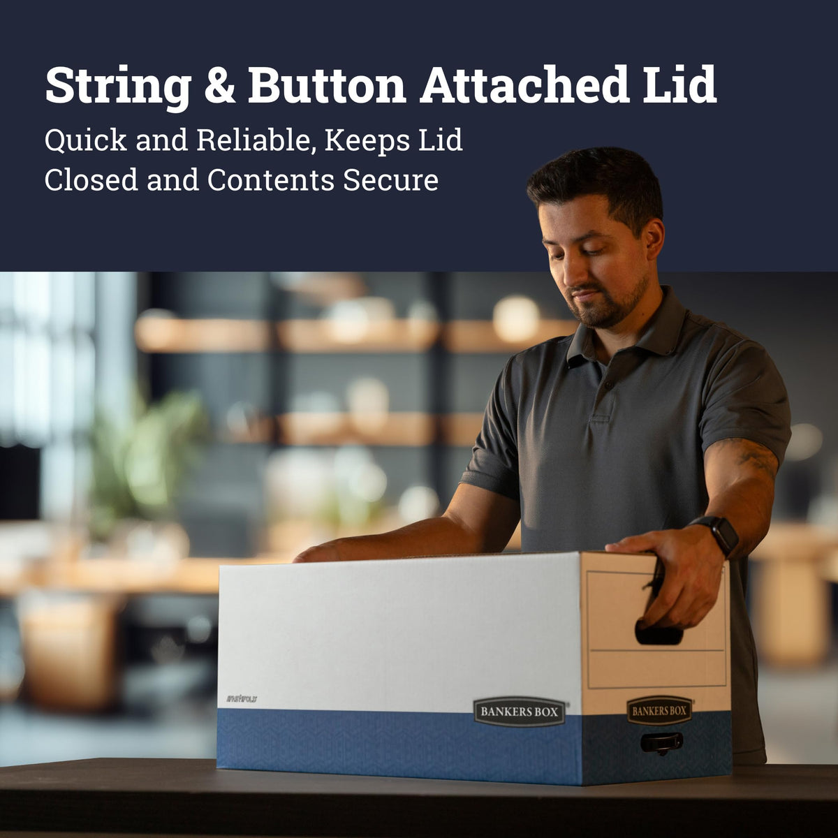 12-Pack String & Button Heavy-Duty File Box by Bankers Box – Letter, 12.0 liters, Double End; Single Side; Double Bottom, WHITE/BLUE, Pack of 12