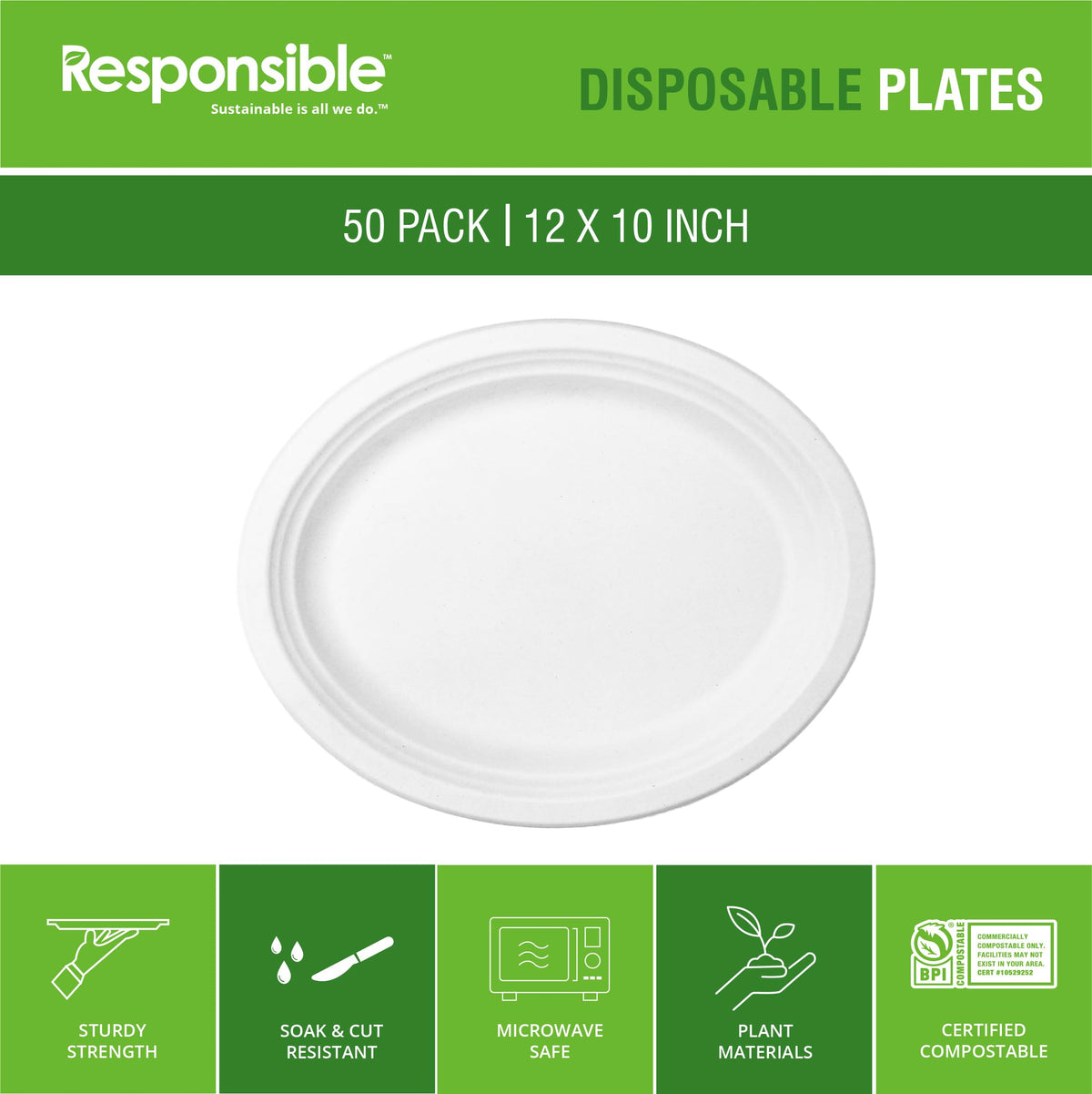 Responsible Products 12 x 10 inch (50 Count) / Classic White / Casual Plates