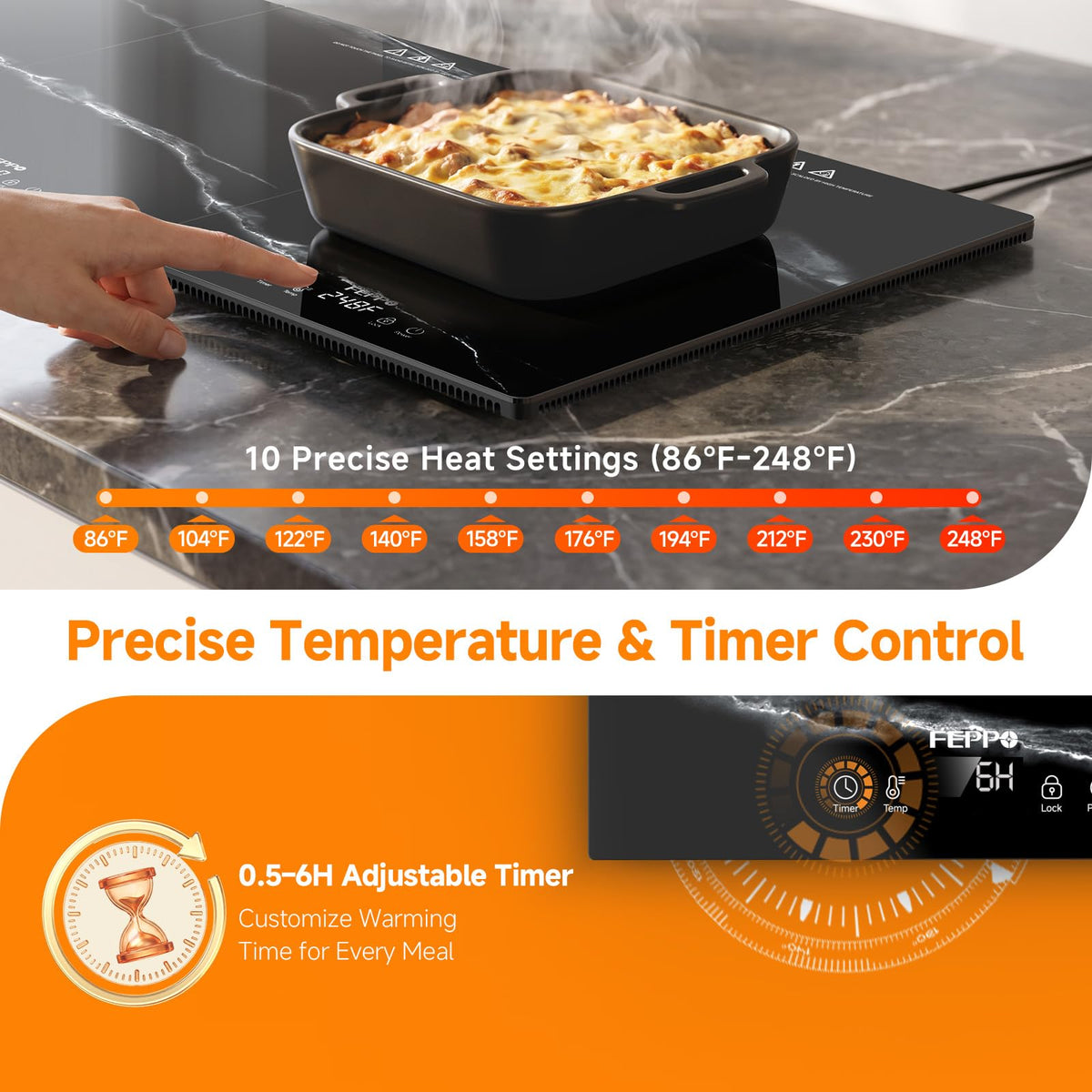 FEPPO Modular Warming Tray, 47x16 Inch Glass Surface, Marble Black