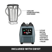 Waring Electronic Touchpad w/3 Minute Timer / Stainless Steel Jar CB15T / 1-Gallon Countertop Blenders