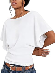 Boat Neck Batwing Tops for Women Cinched Waist Short Sleeve Loose Fit Tshirt Y2K Going Out Causal Tee Blouse