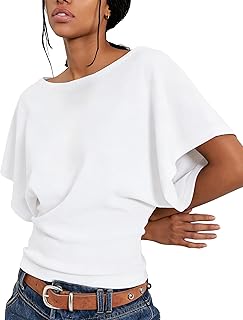 Boat Neck Batwing Tops for Women Cinched Waist Short Sleeve Loose Fit Tshirt Y2K Going Out Causal Tee Blouse