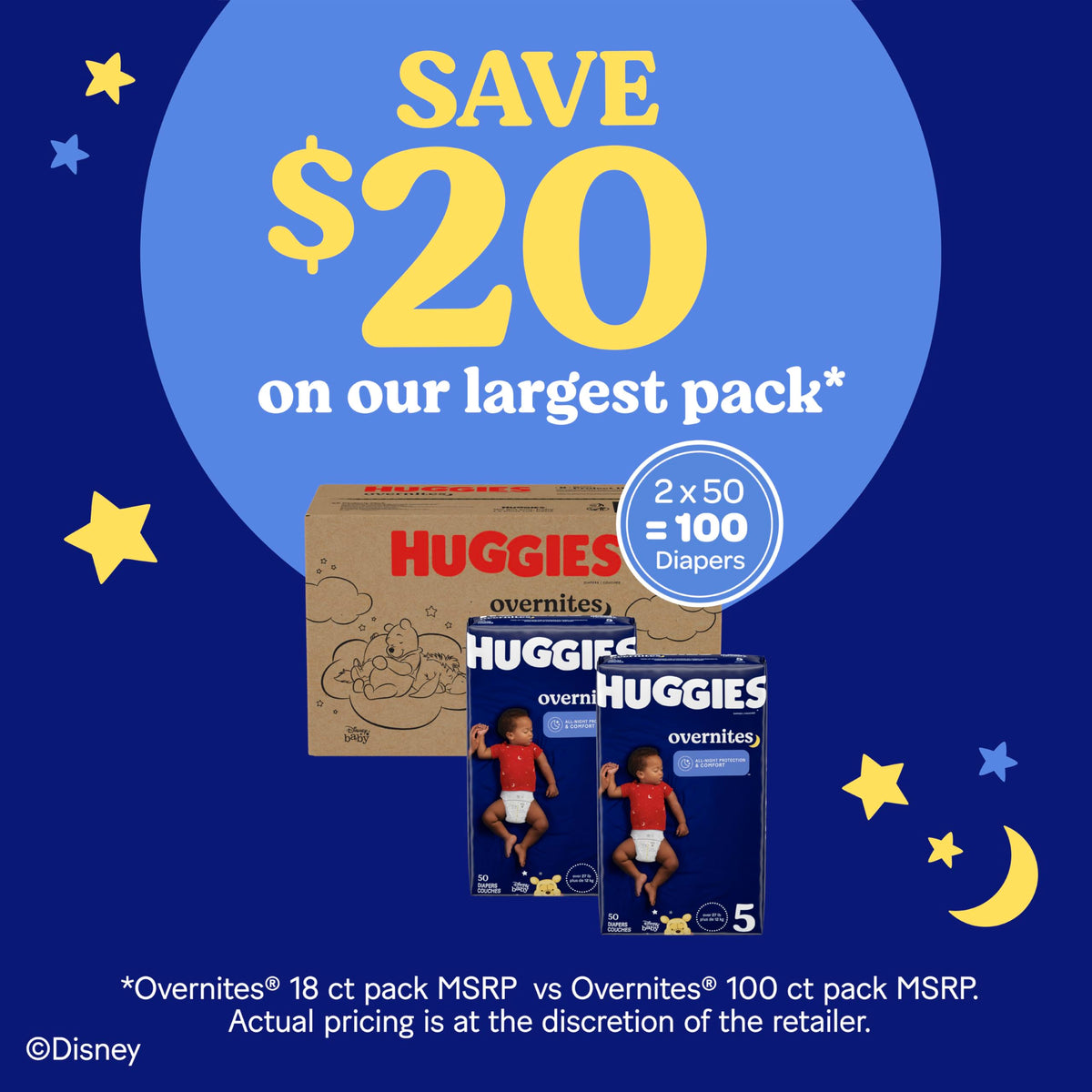 Overnites Diapers Size by HUGGIES – Size 5, Rubber, Multi-color, Pack of 50, Model 00036000535990